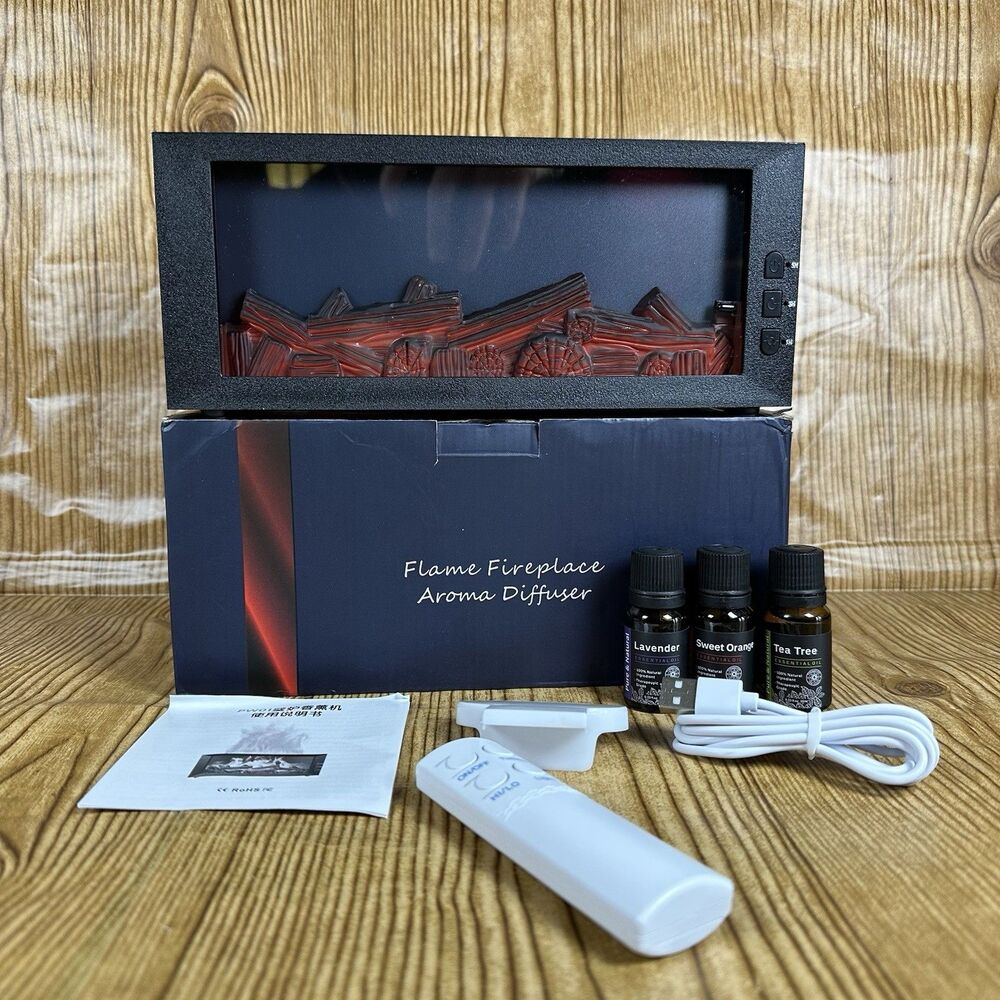 Flame Fireplace Aroma Diffuser LED Humidifier w/ Remote + 3 Essential Oils USB